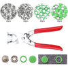 A set of metal snap fasteners and a pair of pliers tool with various sizes and colors.