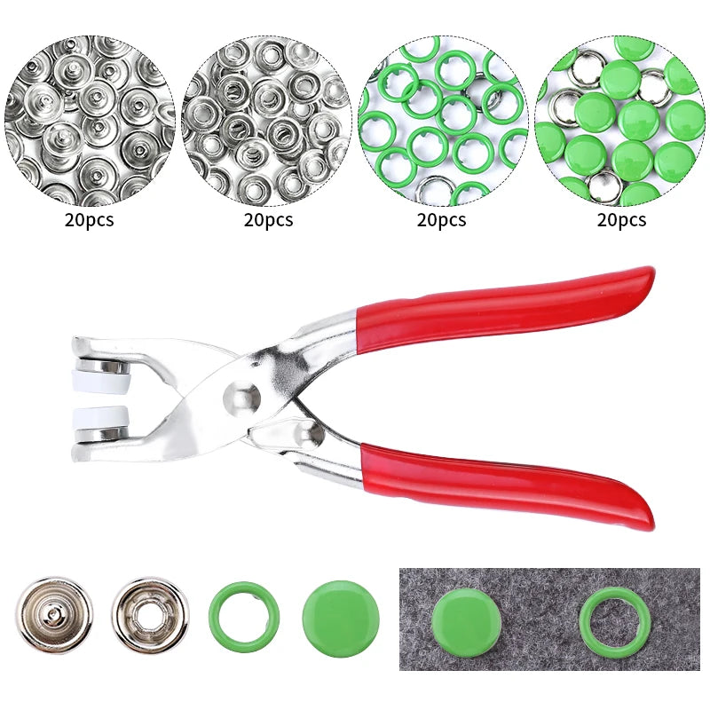 A set of metal snap fasteners and a pair of pliers tool with various sizes and colors.
