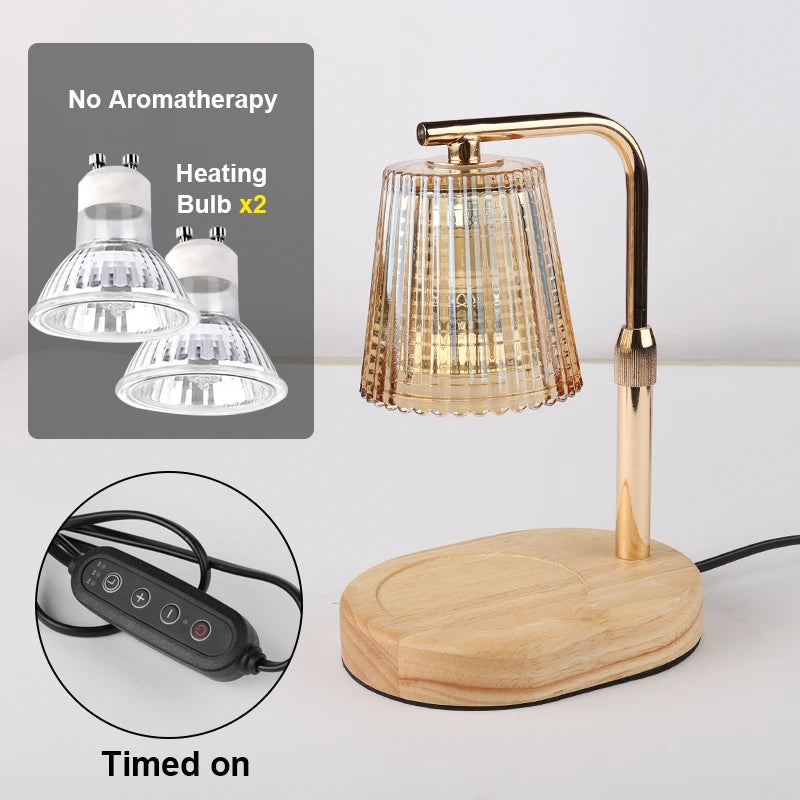 A brass-toned lamp with a glass shade and wooden base, shown next to heating bulbs and a timer control.