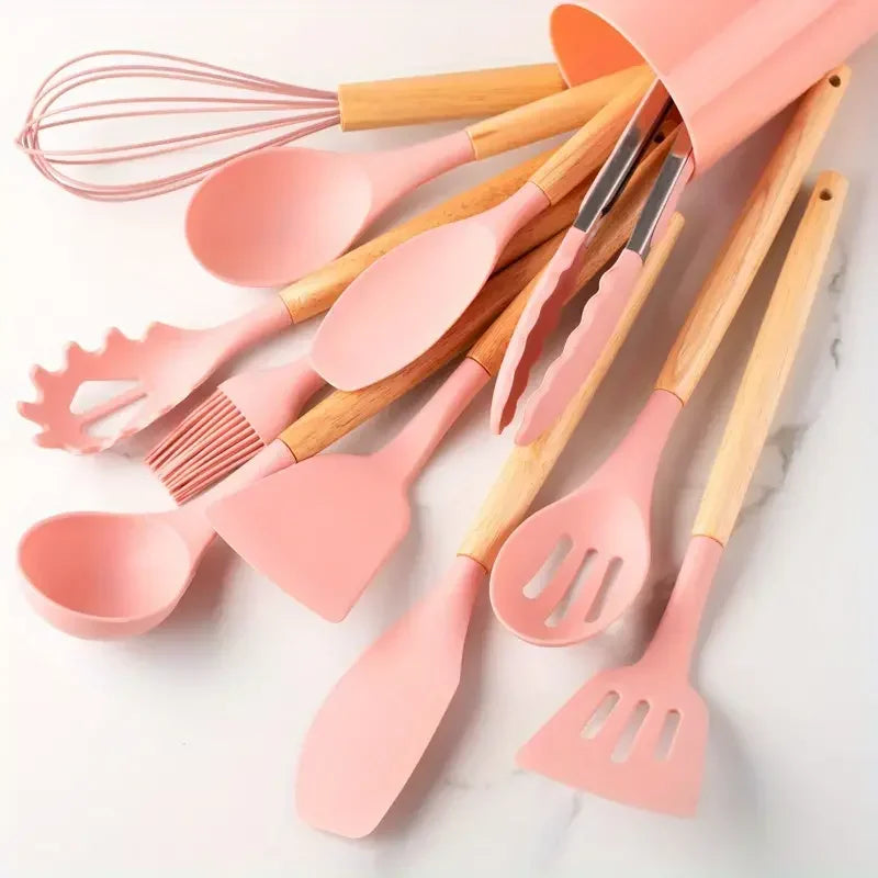 Ensemble de 12 Ustensiles de Cuisine en Silicone avec Manches en Bois