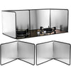 Foldable stainless steel splatter guard for stovetop shown in a closed and open configuration.