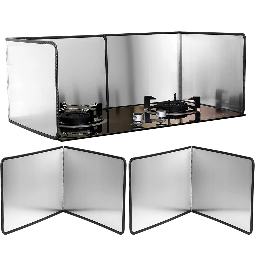 Foldable stainless steel splatter guard for stovetop shown in a closed and open configuration.