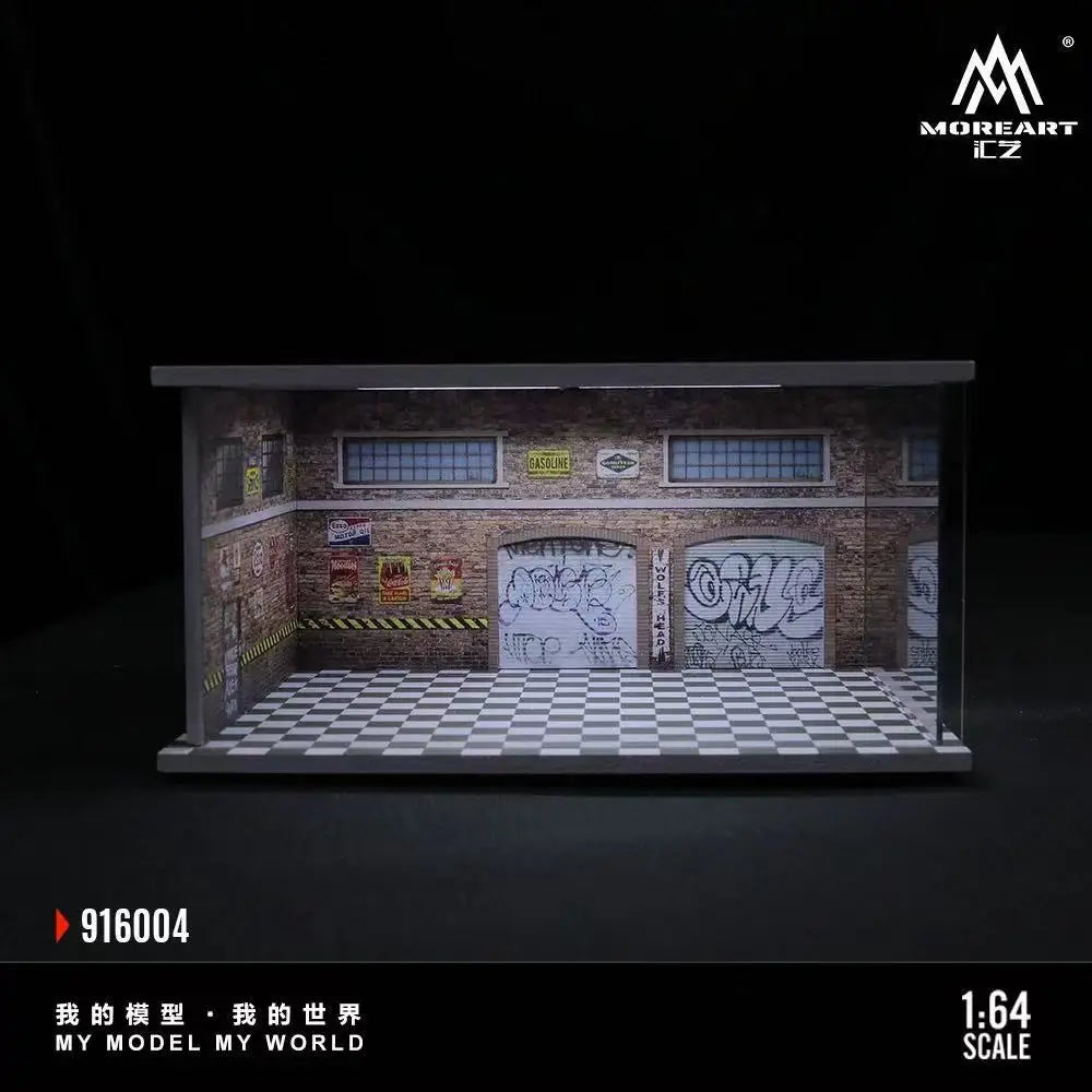 A 1:64 scale miniature garage diorama kit featuring a brick interior and lighting elements.