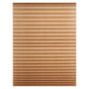 Horizontal pleated window blinds in a light tan or beige color.