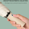 A hand is holding a compact folding umbrella with a one-button automatic collection feature.