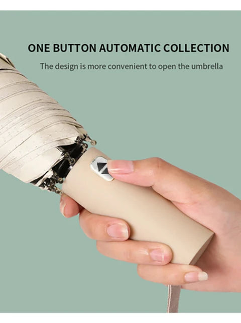 A hand is holding a compact folding umbrella with a one-button automatic collection feature.