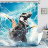Cat Riding Dinosaur Shower Curtain with Ocean Wave Design