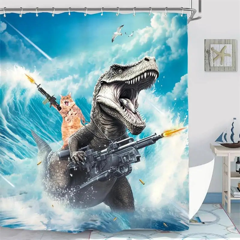 Cat Riding Dinosaur Shower Curtain with Ocean Wave Design
