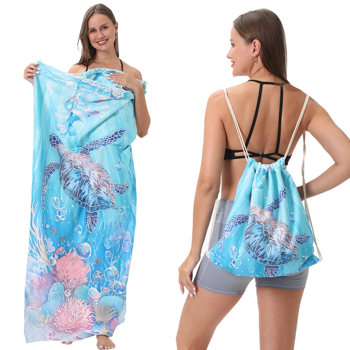 A woman models a blue and pink patterned microfiber quick-dry beach towel with a foldable backpack and storage bag.