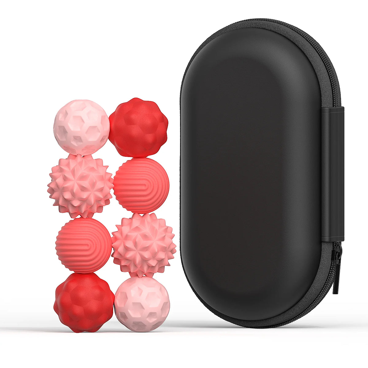 A set of pink and red magnetic silicone sensory balls displayed next to a black zippered pouch.