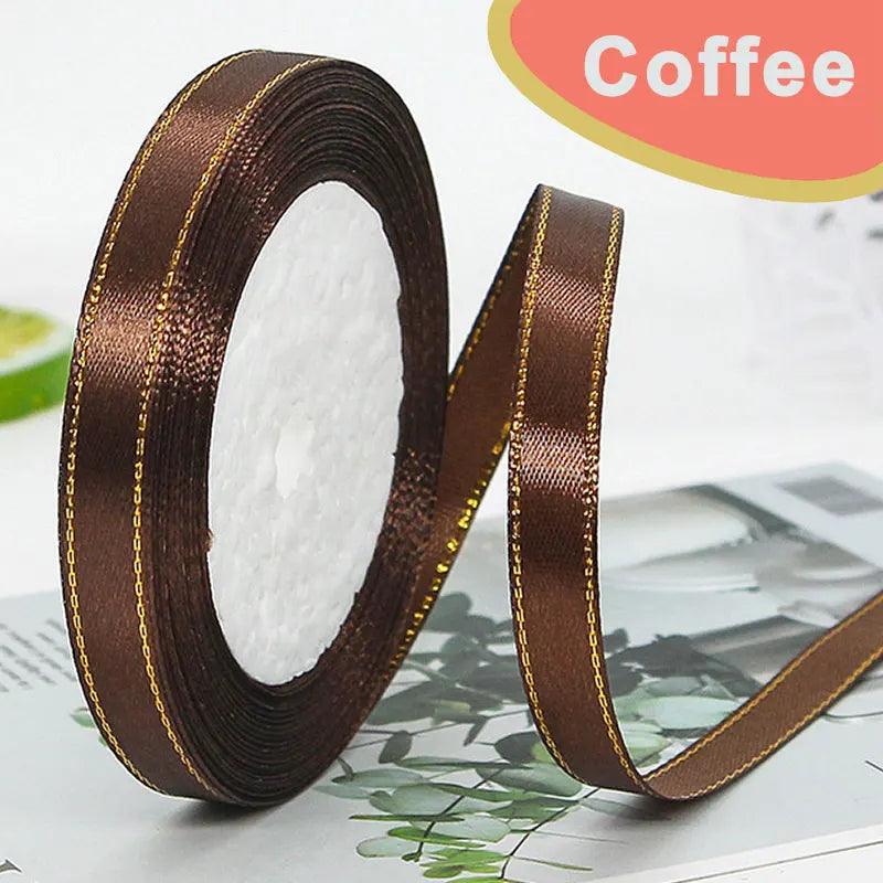 Roll of dark brown gold-edge satin ribbon for crafts and gift wrapping