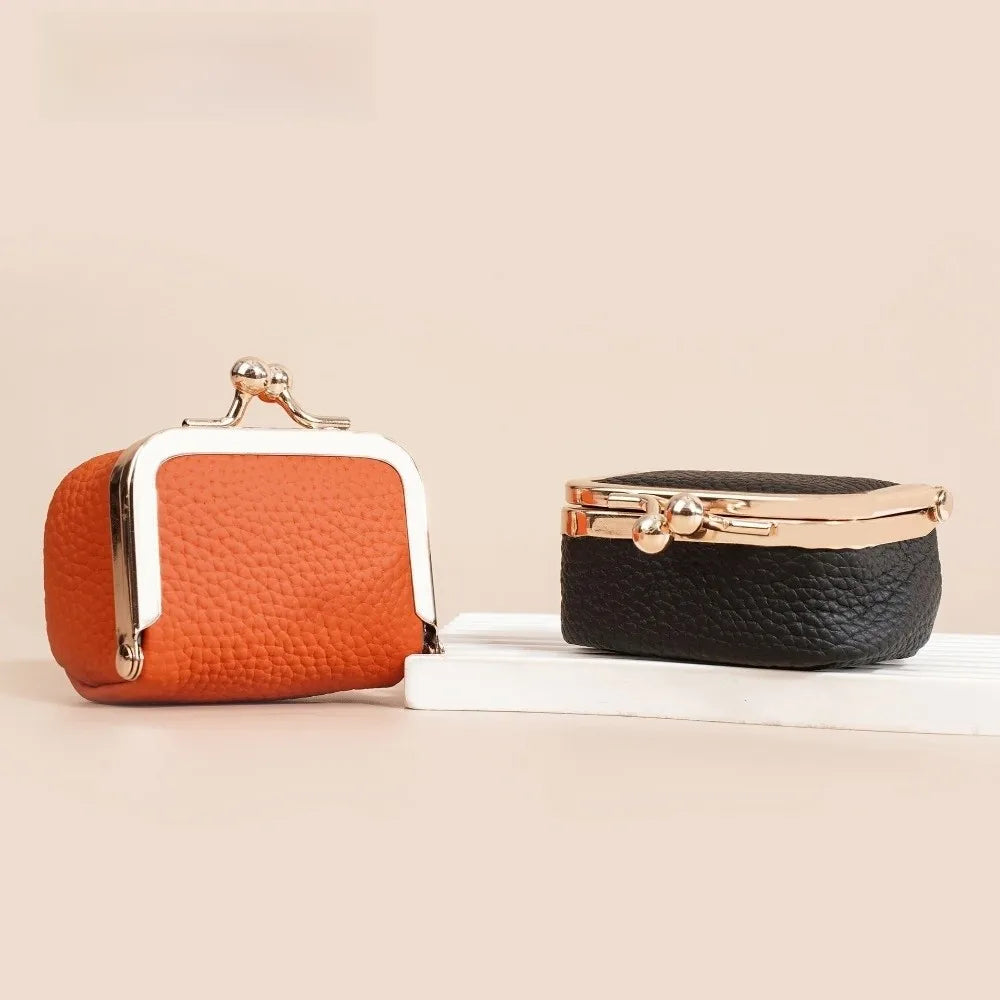 Genuine Leather Kiss Lock Coin Purse with Key Ring