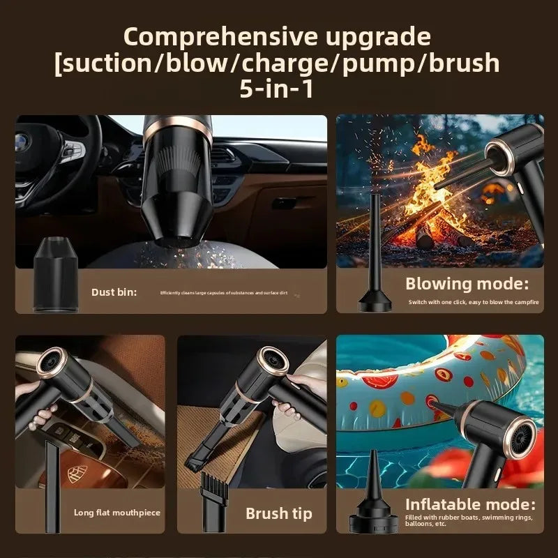 A set of 5-in-1 cleaning tools including suction, blow, charge, pump, and brush for car and home cleaning.