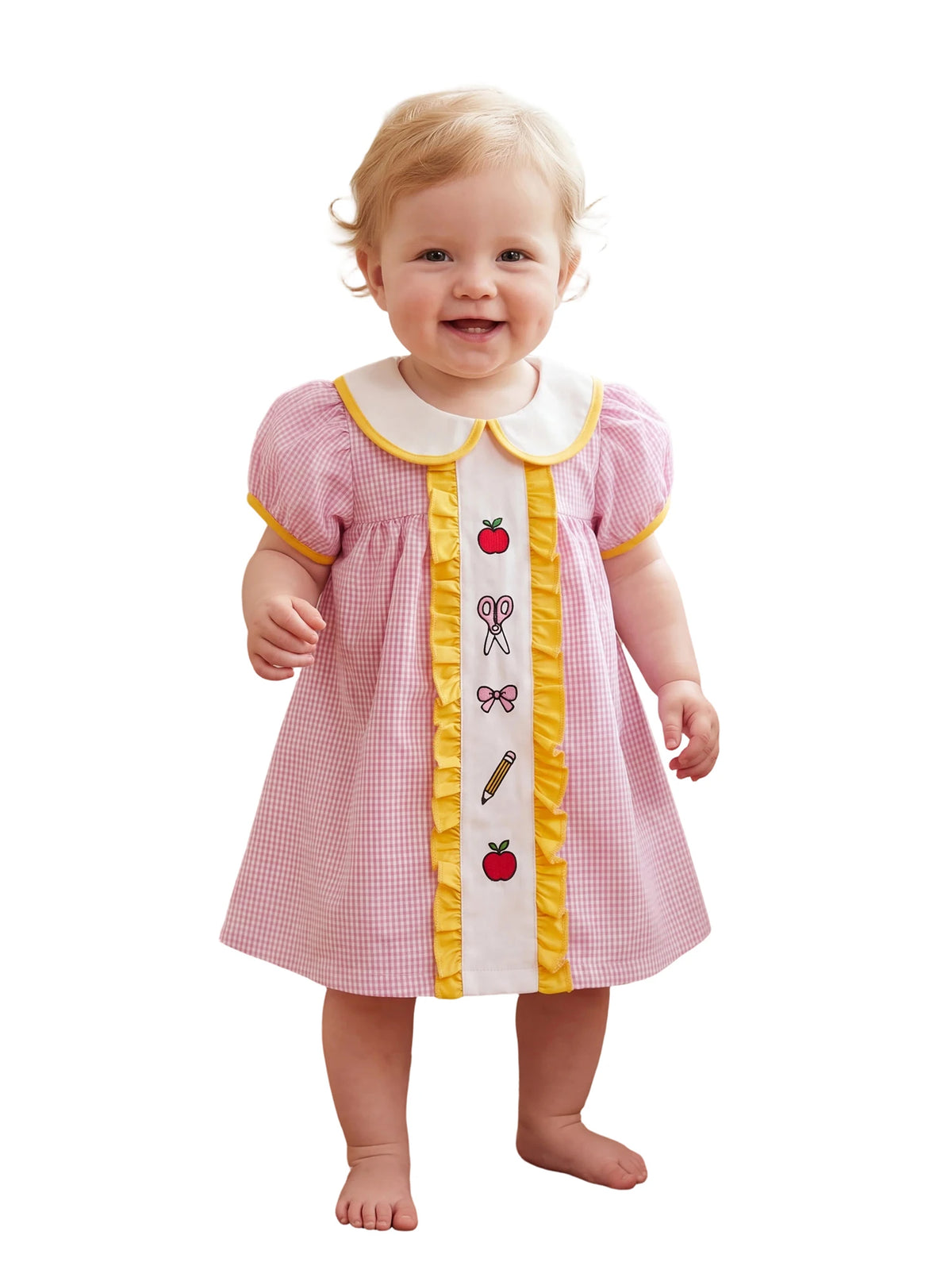 Girls Embroidered Plaid A-Line Dress with Peter Pan Collar