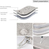 Detail presentation of a waterproof nylon cable organizer featuring jacquard fabric and pearl cotton lining.