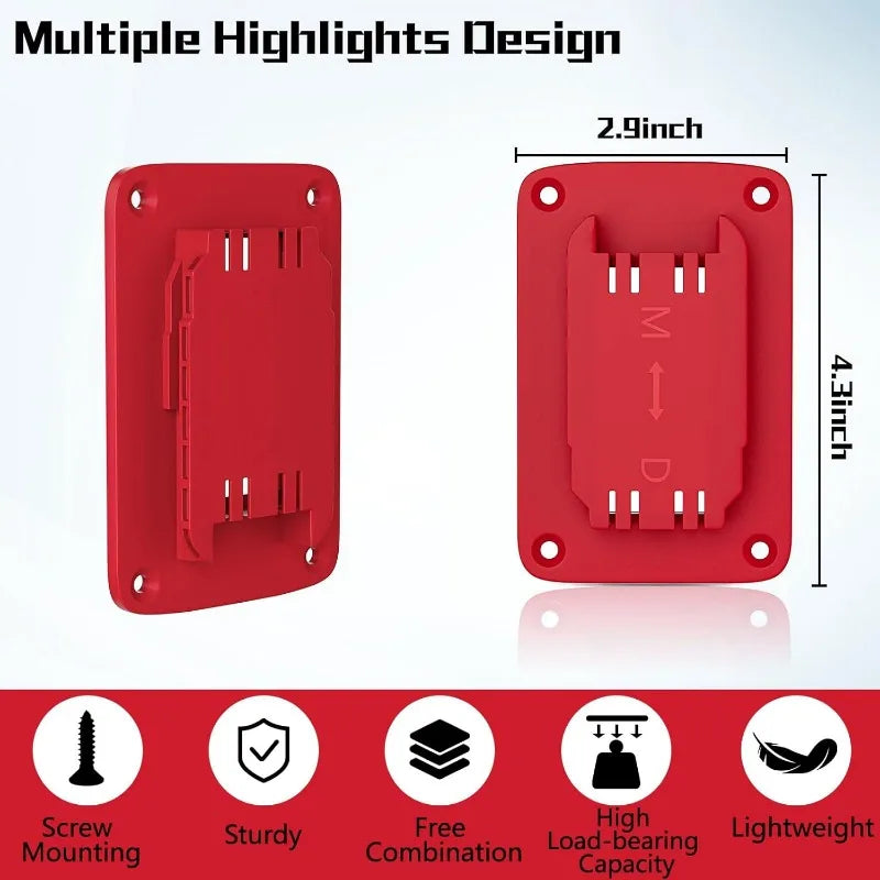 Red wall-mounted battery tool holder design featuring multiple highlights for secure mounting