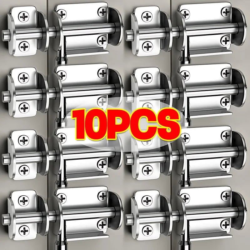A set of ten heavy duty stainless steel door bolt latches or locks displayed in a row.