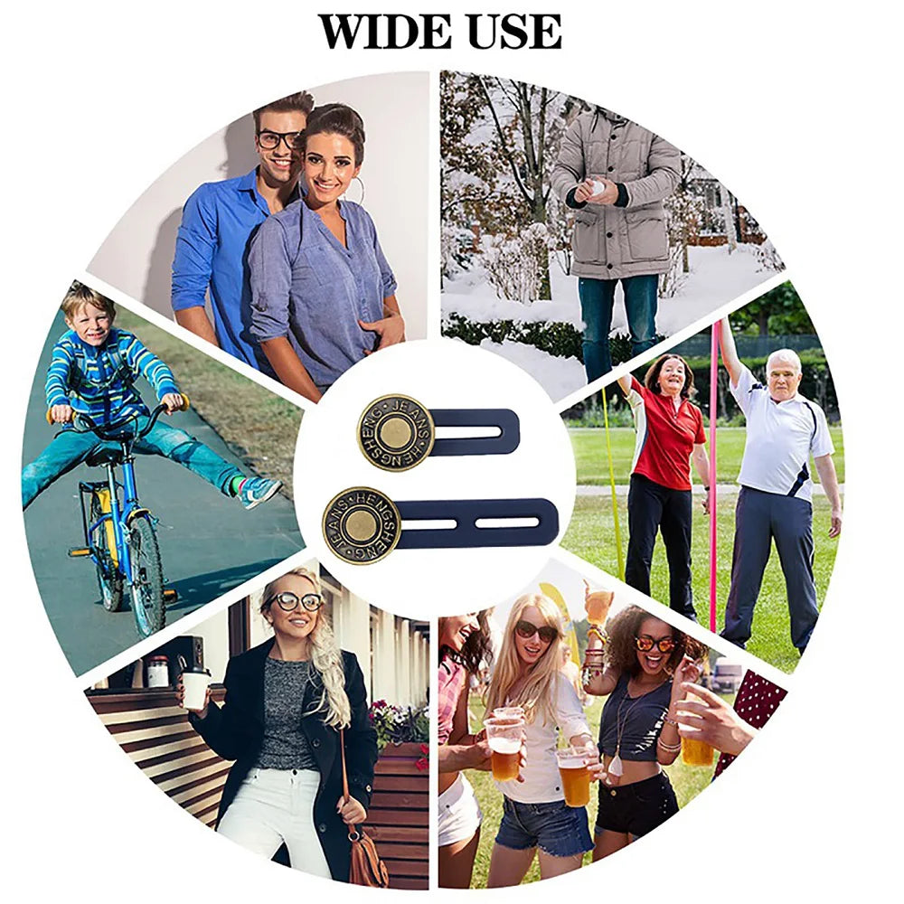 Collage montrant différentes personnes portant des jeans et pantalons, illustrant l'utilisation étendue des extensions de tai