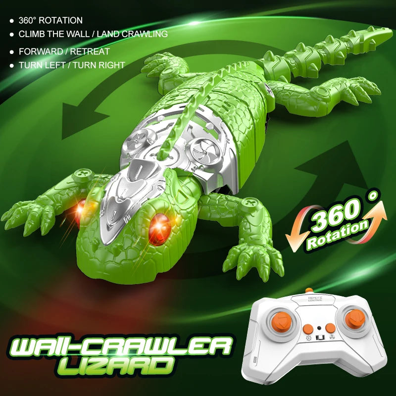 A green remote control wall-crawling lizard toy with silver armor and glowing red eyes shown in a dynamic pose.