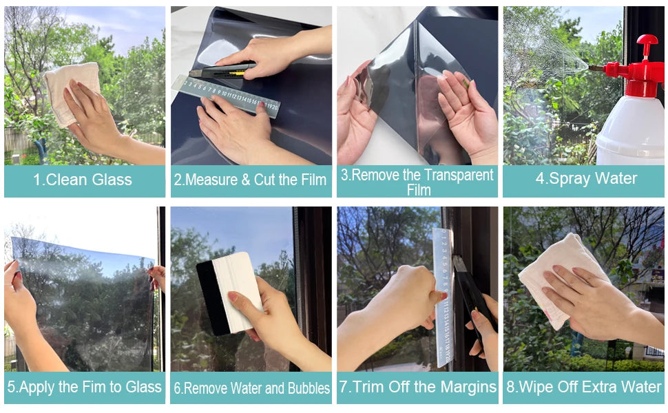 Step-by-step instructions showing how to clean, measure, apply, and remove a one-way window privacy film.