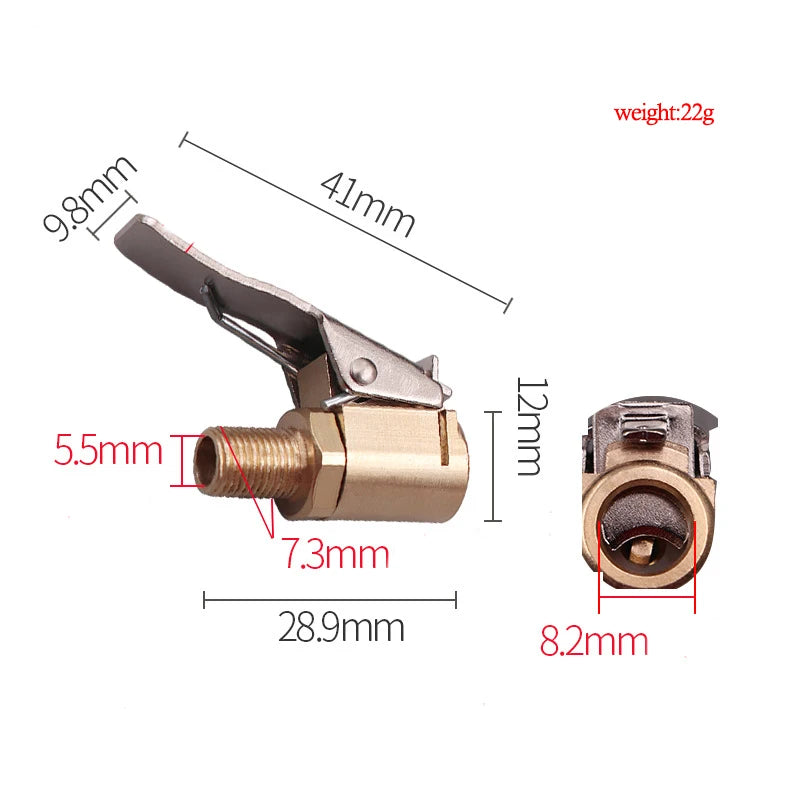 Brass tire inflator quick-connect adapter with clip-on lock showing various dimensions.