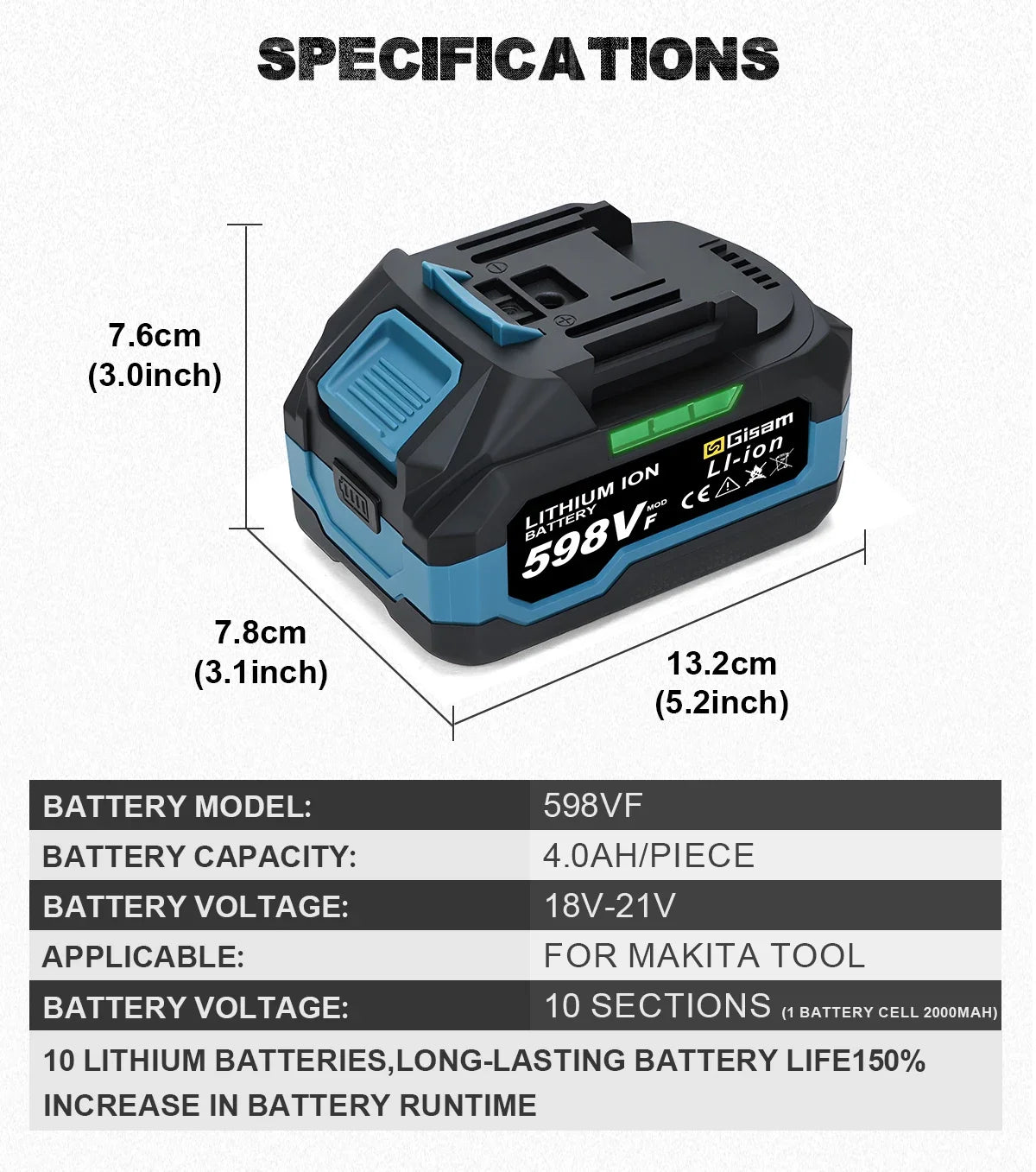 A black and blue lithium-ion battery pack labeled 598VF with dimensions 7.6cm by 13.2cm.