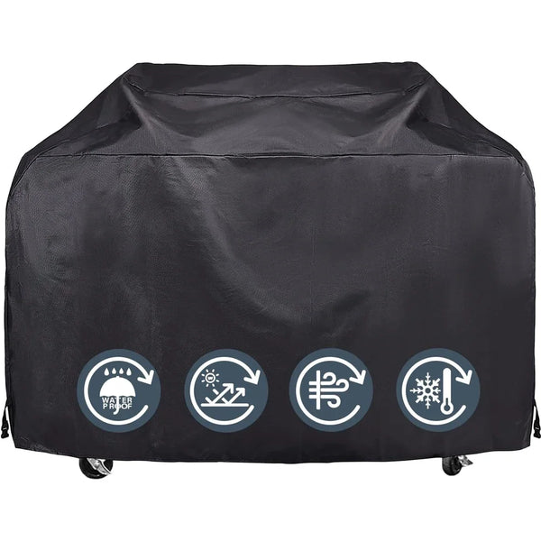 Black universal heavy-duty waterproof BBQ grill cover with durability and weather protection features
