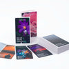A collection of oracle cards featuring purple and pink hues with text like Chasing, Open Heart, and Pursuit Resilience.