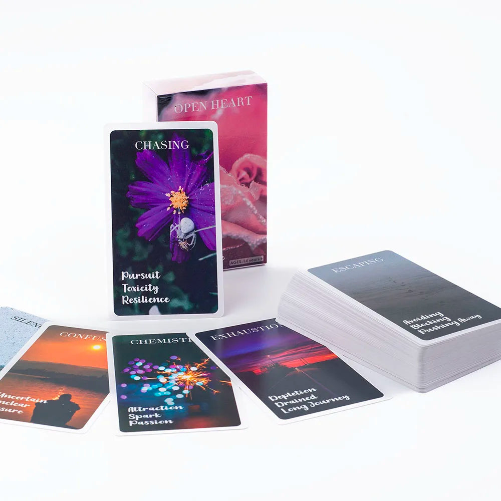A collection of oracle cards featuring purple and pink hues with text like Chasing, Open Heart, and Pursuit Resilience.
