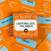 A stack of orange and blue cards for a game titled ¡Adivina Esa Palabra! Sugerencias para entretener la familiar.
