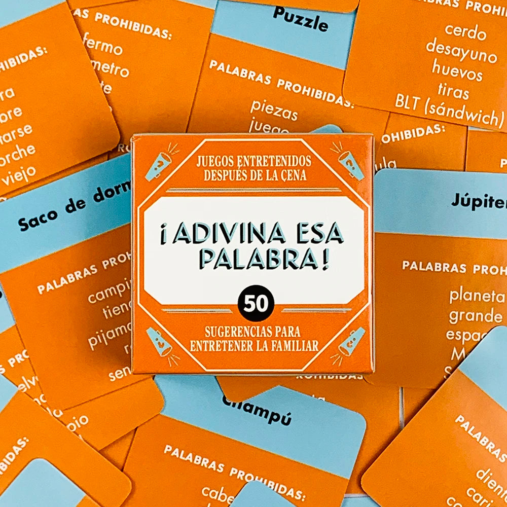 A stack of orange and blue cards for a game titled ¡Adivina Esa Palabra! Sugerencias para entretener la familiar.