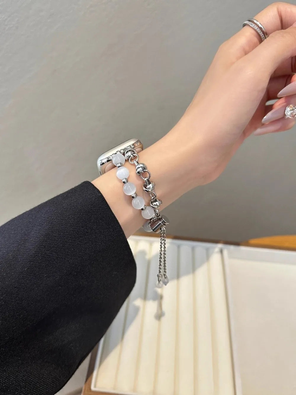 Crystal Bead Watch Strap with Adjustable Metal Link Design