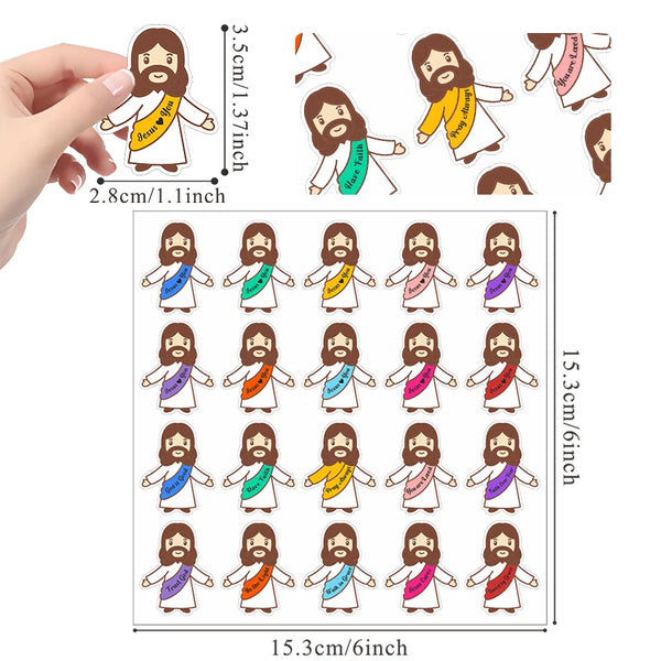 A pack of waterproof vinyl stickers featuring Jesus Loves You designs in various colors and styles.