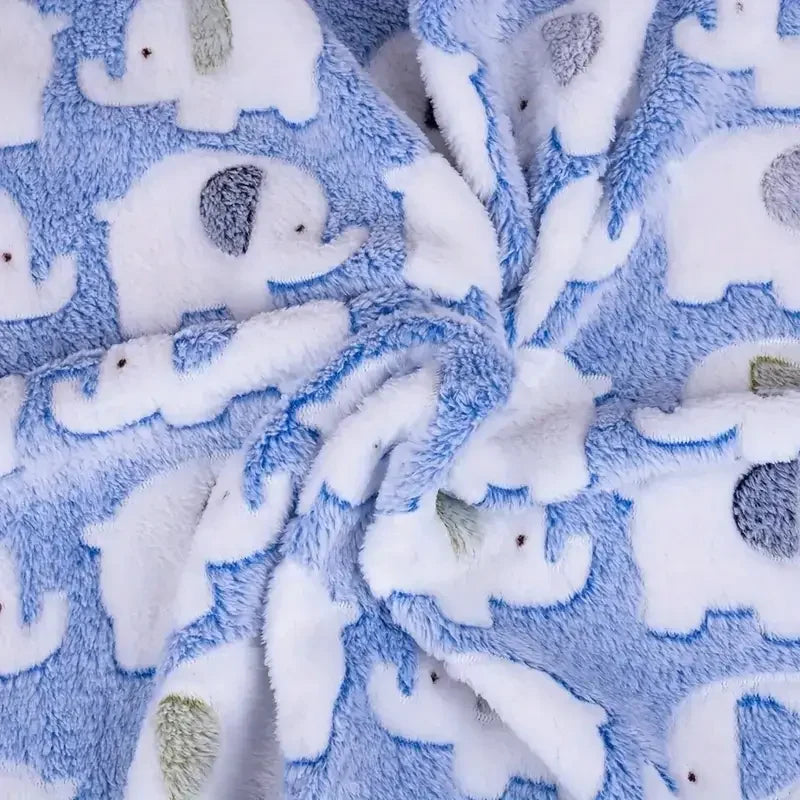 Blue and white flannel blanket featuring cartoon elephants for pets
