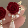 Vintage Velvet Rose Pearl Earrings for Women