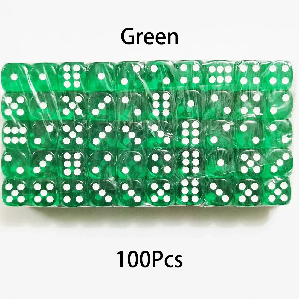 A bulk pack of 100 green acrylic D6 dice for games and crafts.