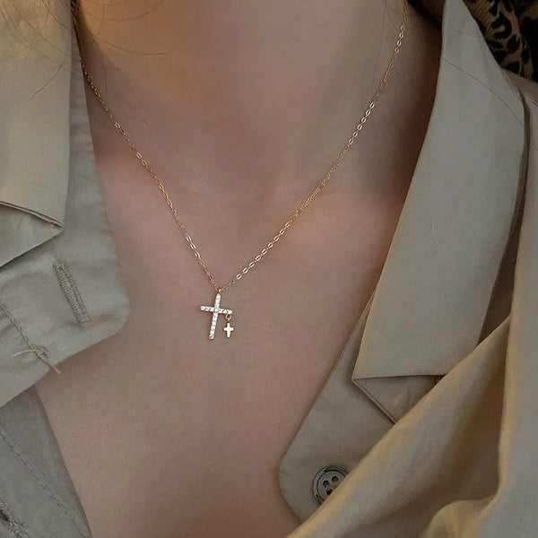Double Cross Zircon Pendant Necklace