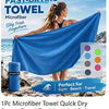 A woman is using a blue microfiber towel outdoors, highlighting its quick-drying features for gym, beach, and travel.