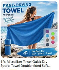 A woman is using a blue microfiber towel outdoors, highlighting its quick-drying features for gym, beach, and travel.