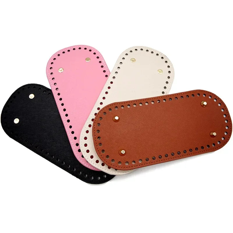 Three oval PU leather bags in pink, cream, and brown for DIY crochet and knitted projects