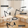 A black adjustable phone stand with overhead lighting is shown on a table, demonstrating its use for food, nail art, and call