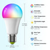 A smart LED bulb with RGB color changing and dimmable features, showing its size and connection details.