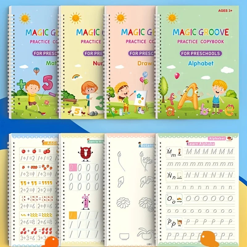 Un set de libros de práctica de escritura mágica y un cuaderno de trabajo para niños de preescolar.