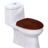 A white toilet with a brown flannel seat cover installed.