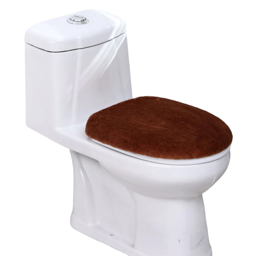 A white toilet with a brown flannel seat cover installed.