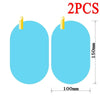 Two clear anti-fog and rain-repellent car mirror films are shown, each measuring 100mm in diameter and 150mm in length.