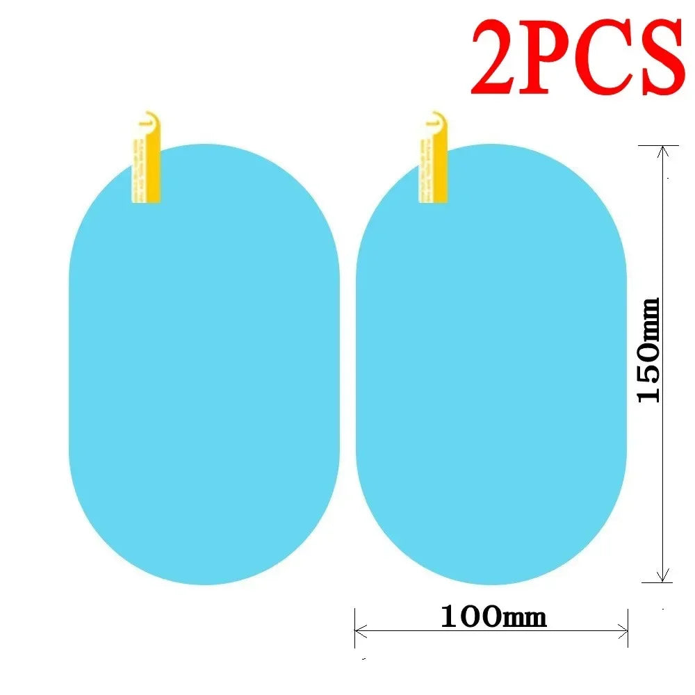 Two clear anti-fog and rain-repellent car mirror films are shown, each measuring 100mm in diameter and 150mm in length.