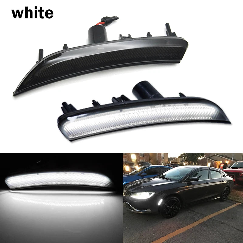 Black smoked LED side marker lights for a 2015-2017 Chrysler 200 vehicle.