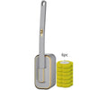 A disposable toilet cleaning brush with a long gray handle and a yellow replaceable head is shown.
