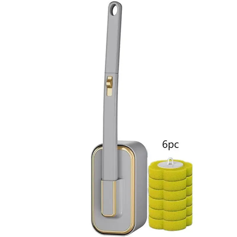 A disposable toilet cleaning brush with a long gray handle and a yellow replaceable head is shown.